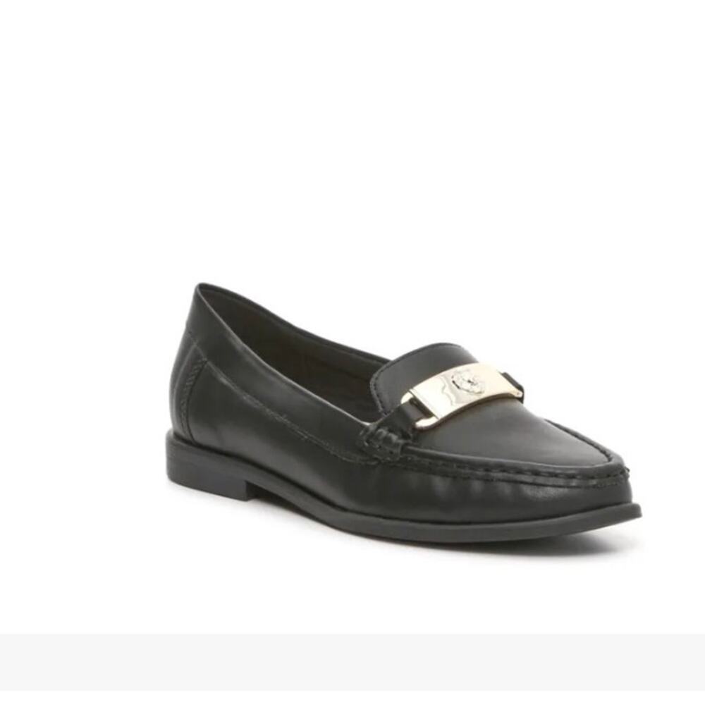 Anne Klein Naddie Black Flat Loafers Gold Lion Logo Bit Hardware Size 7.5M
